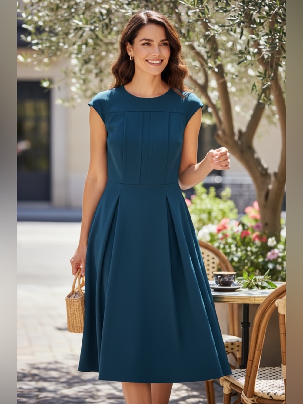 Ann Taylor Teal Fit Flare Dress Size 6 NWOT Midi Cap Sleeve Stretch